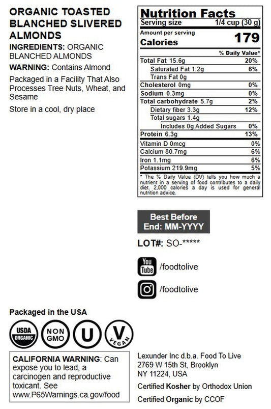 Organic Toasted Blanched Slivered Almonds - by Food to Live