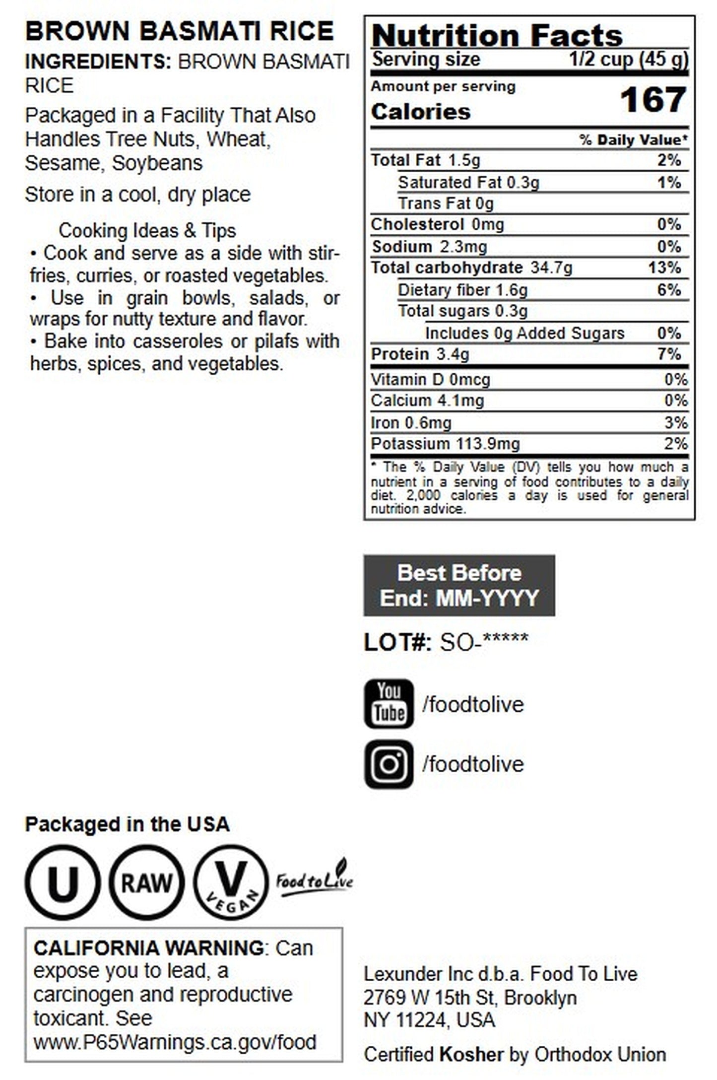 Brown Basmati Rice - by Food To Live