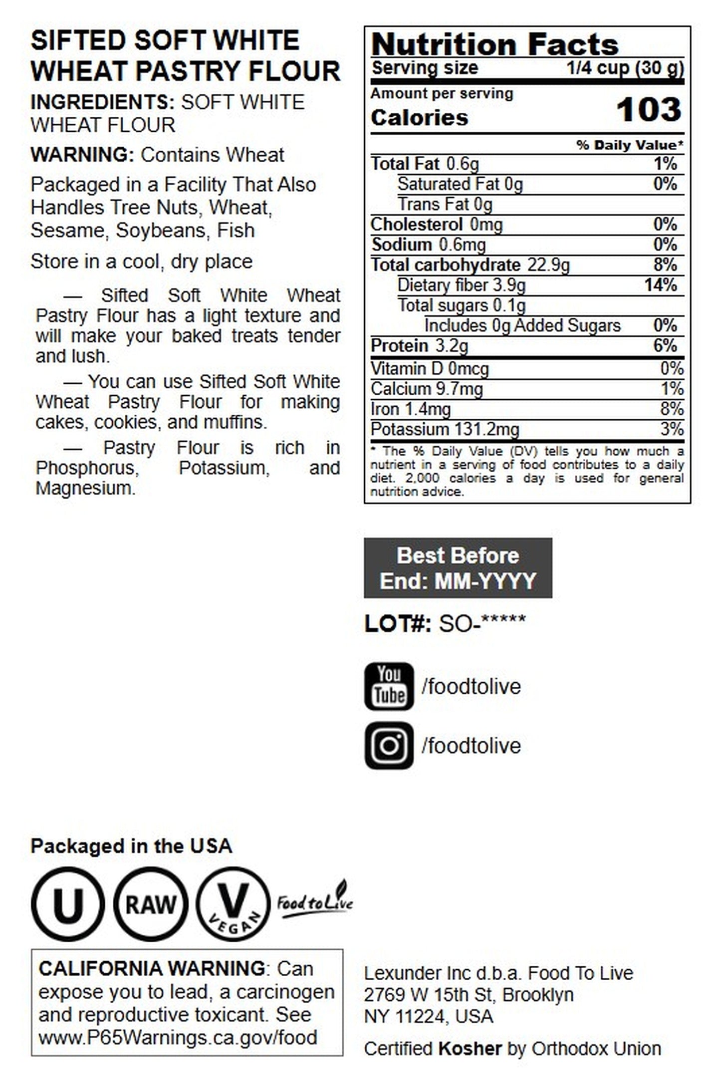 Unbleached White Fine Pastry Flour - by Food To Live