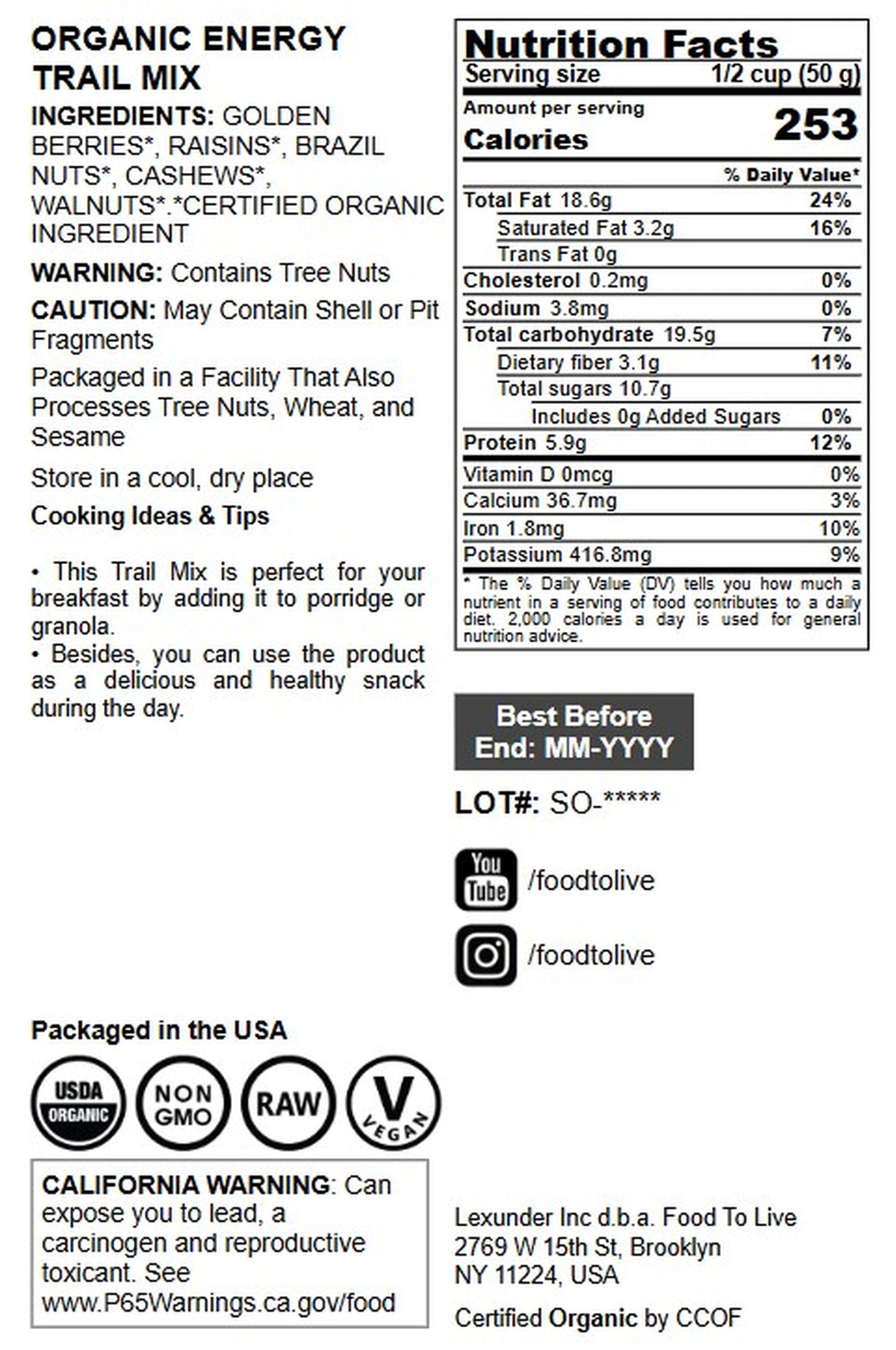 Organic Energy Trail Mix - by Food To Live
