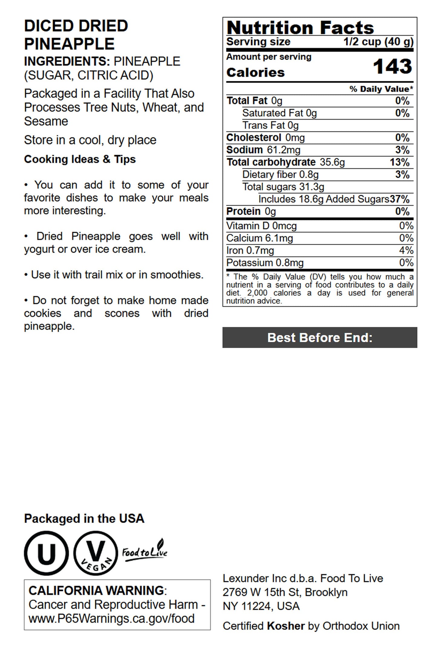 Dried Diced Pineapple - by Food To Live