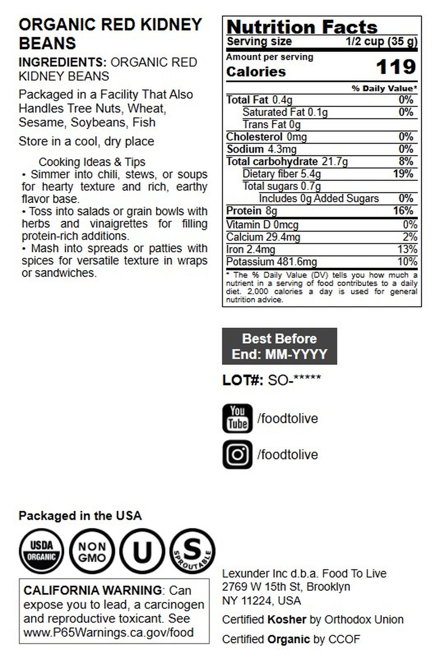 Organic Red Kidney Beans - by Food To Live