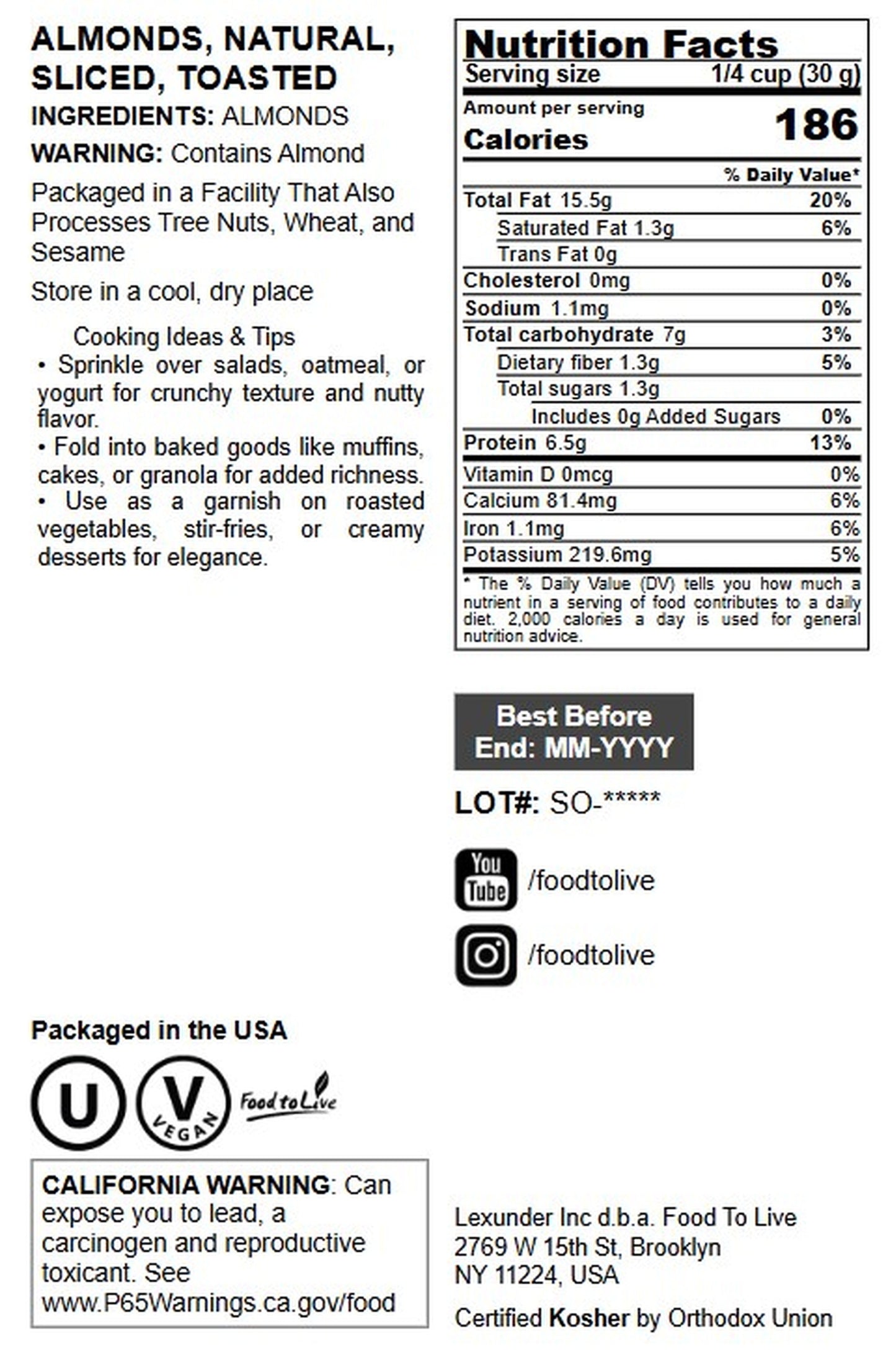 Dry Roasted Natural Sliced Almonds - by Food to Live