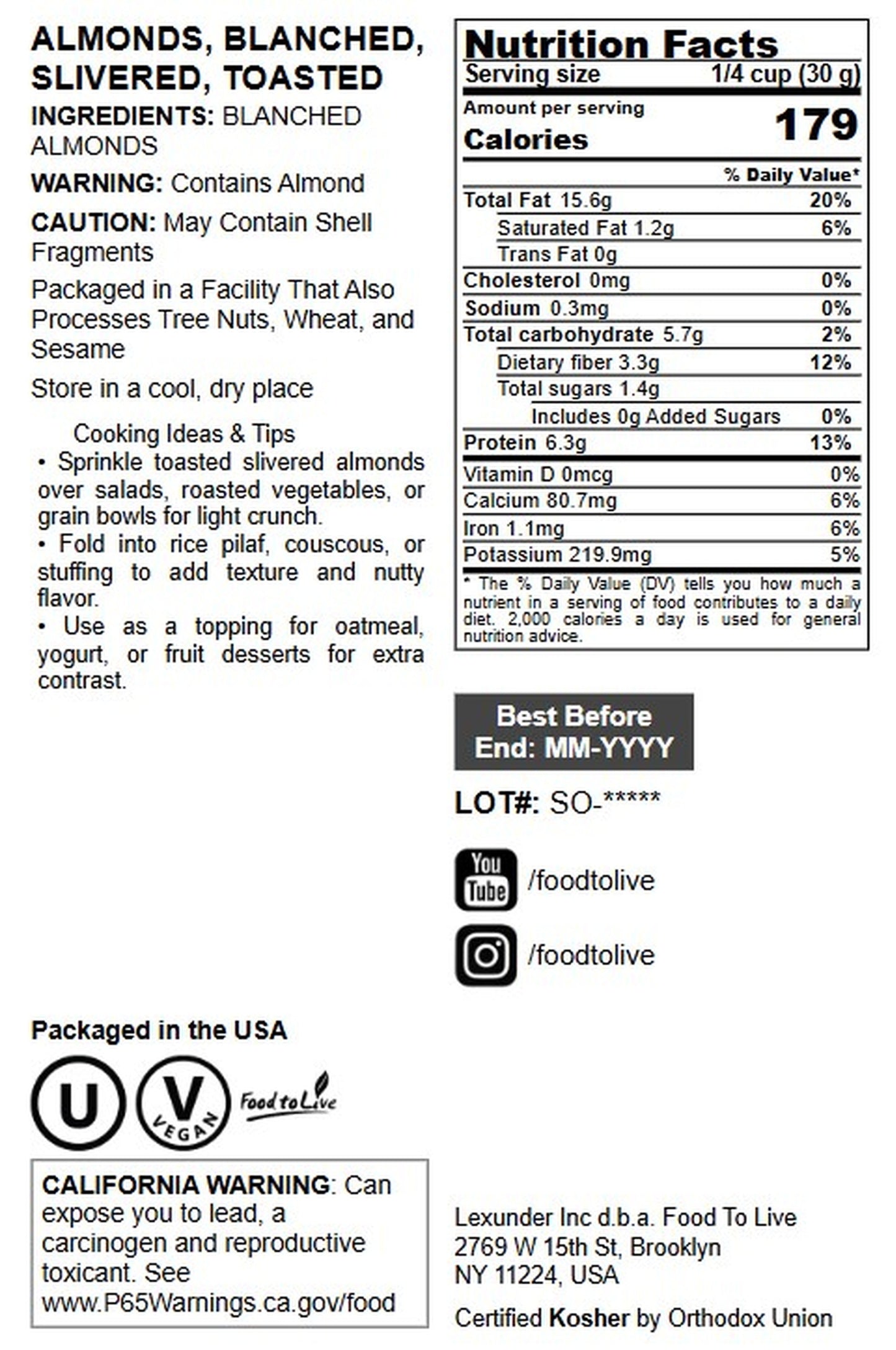 Dry Roasted Blanched Slivered Almonds - by Food to Live