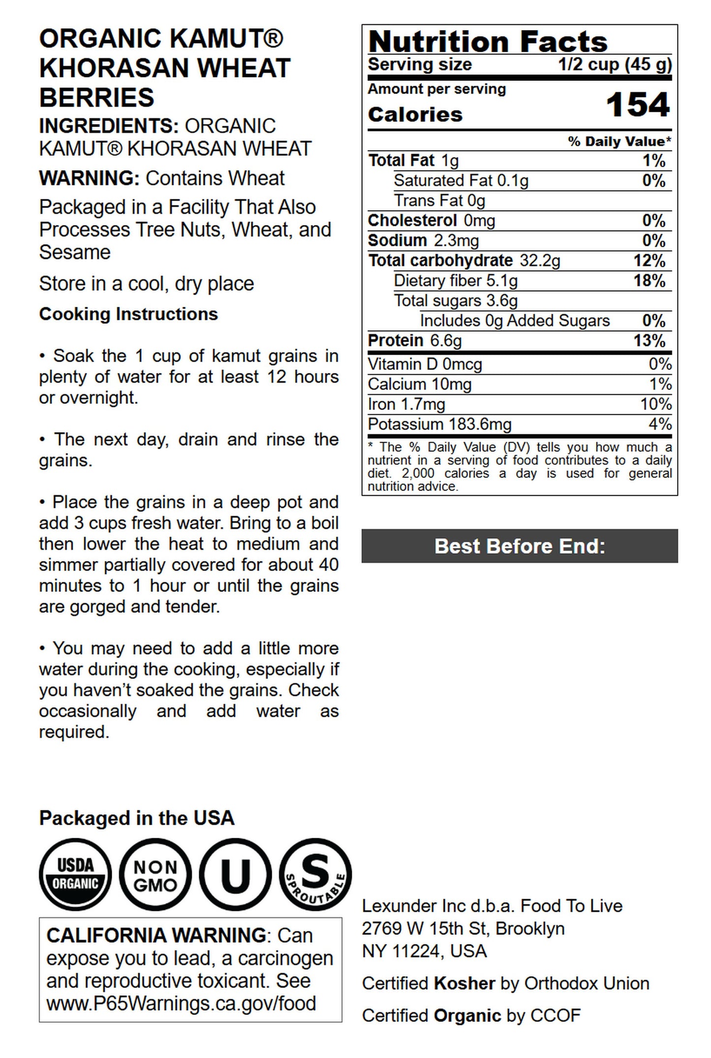 Organic KAMUT Khorasan Wheat Berries - by Food To Live