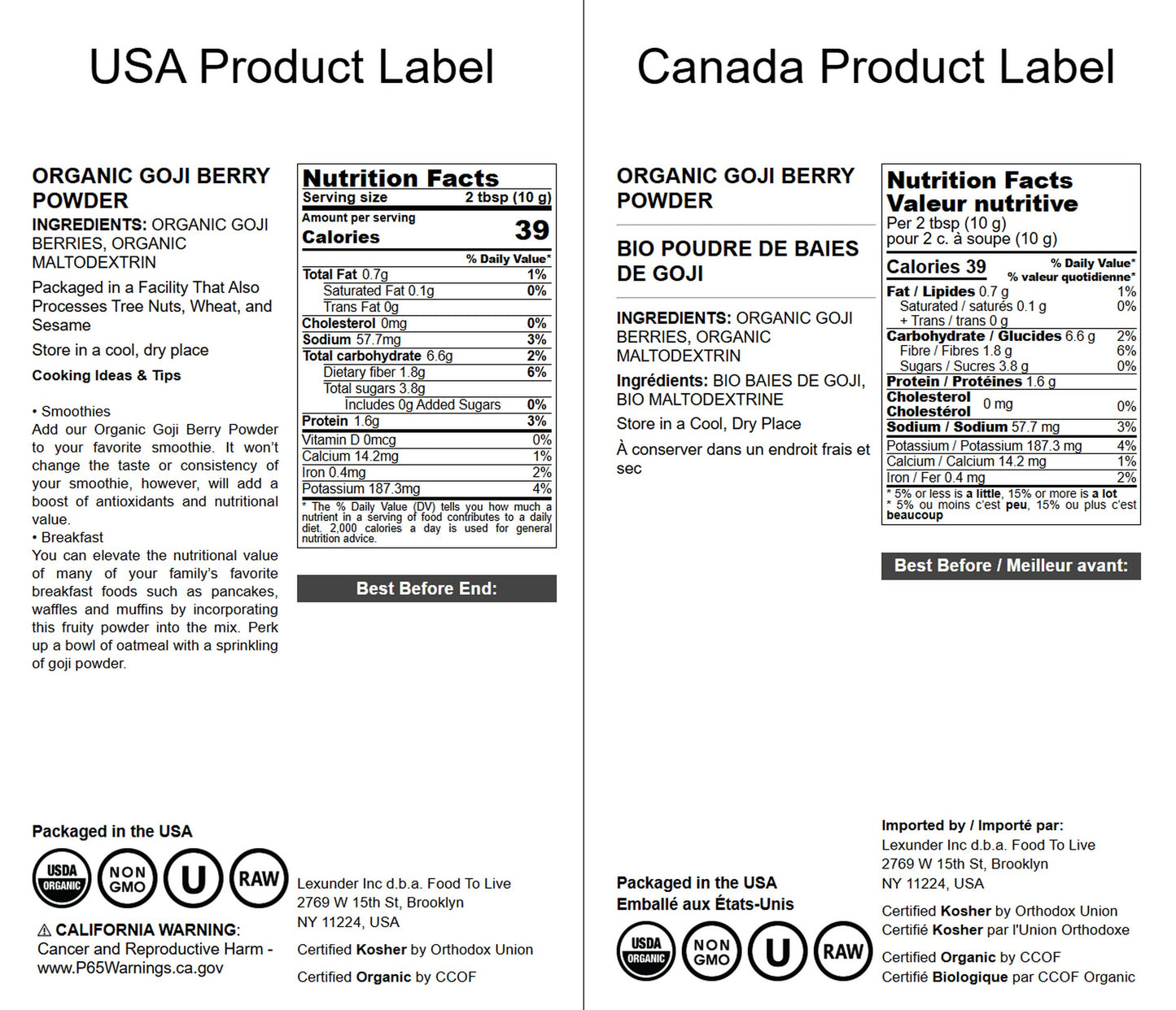 Organic Goji Berry Powder - by Food To Live