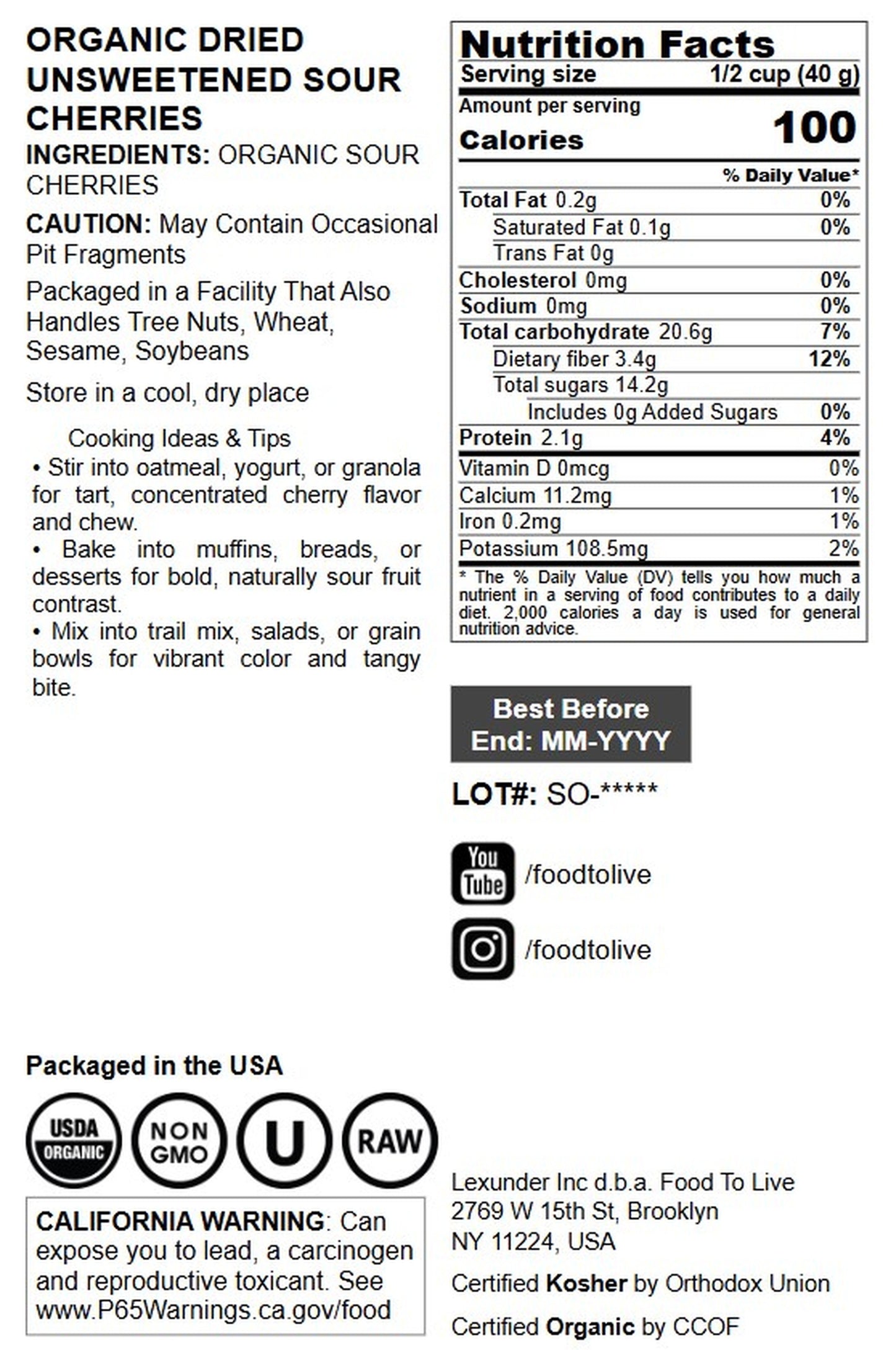 Organic Dried Unsweetened Sour Cherries - by Food To Live