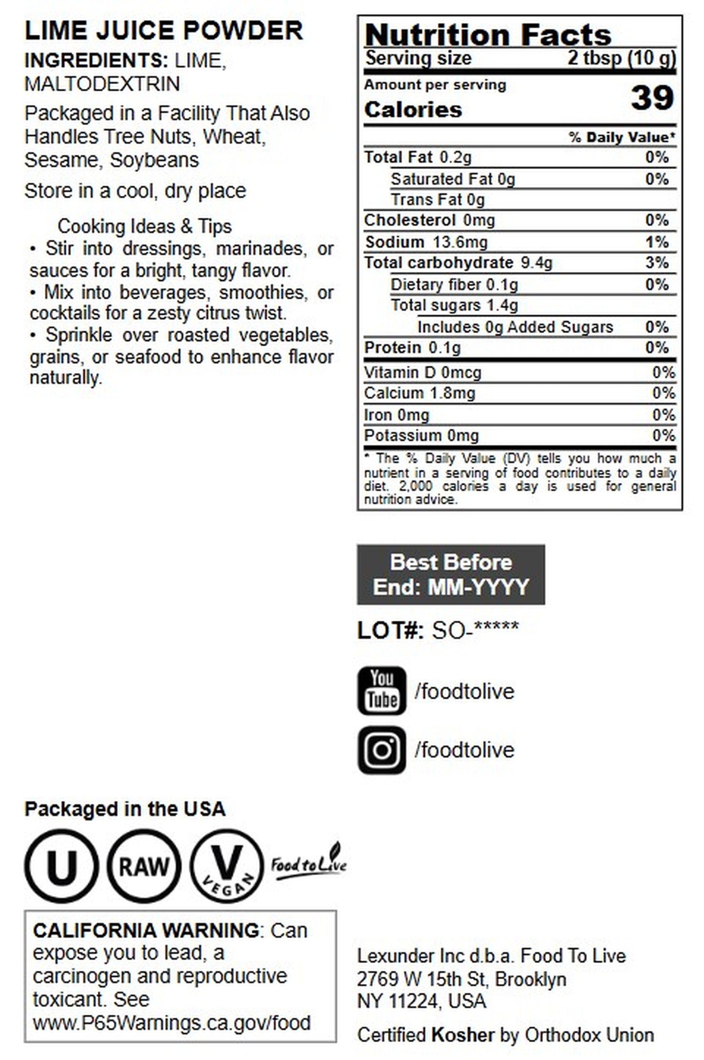 Lime Juice Powder- by Food To Live