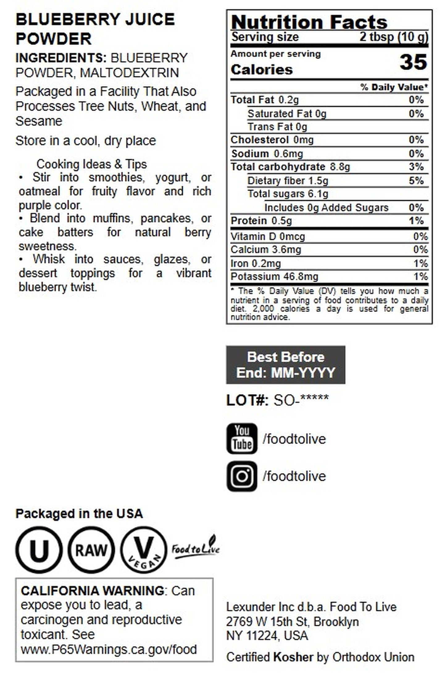 Blueberry Juice Powder - by Food To Live