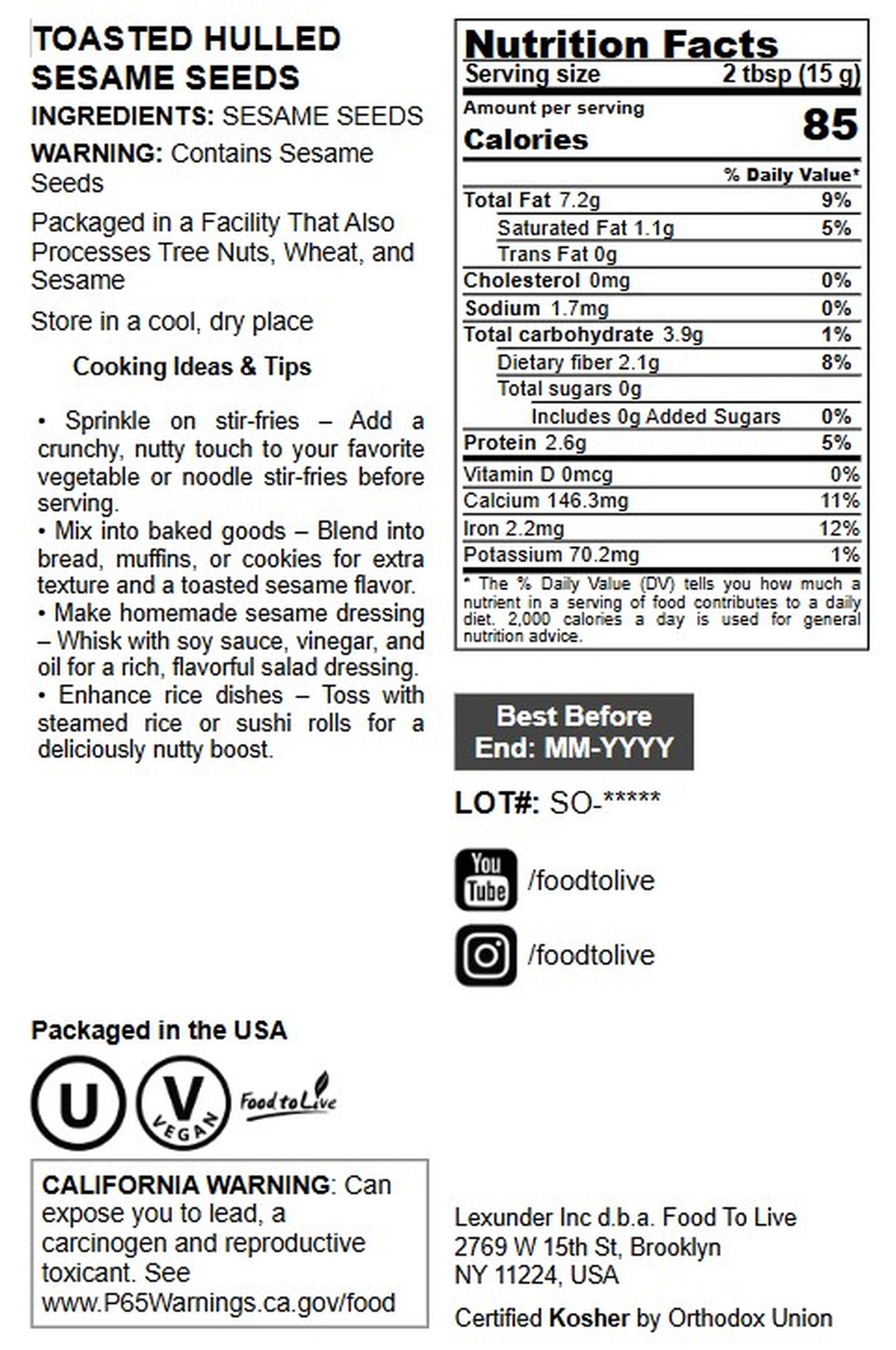 Toasted Hulled Sesame Seeds - by Food to Live