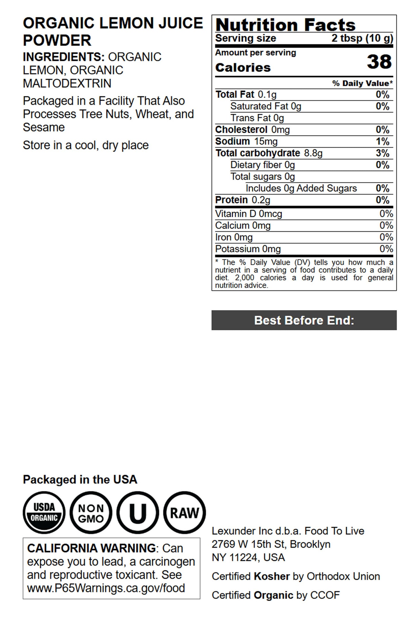 Organic Lemon Powder - by Food To Live