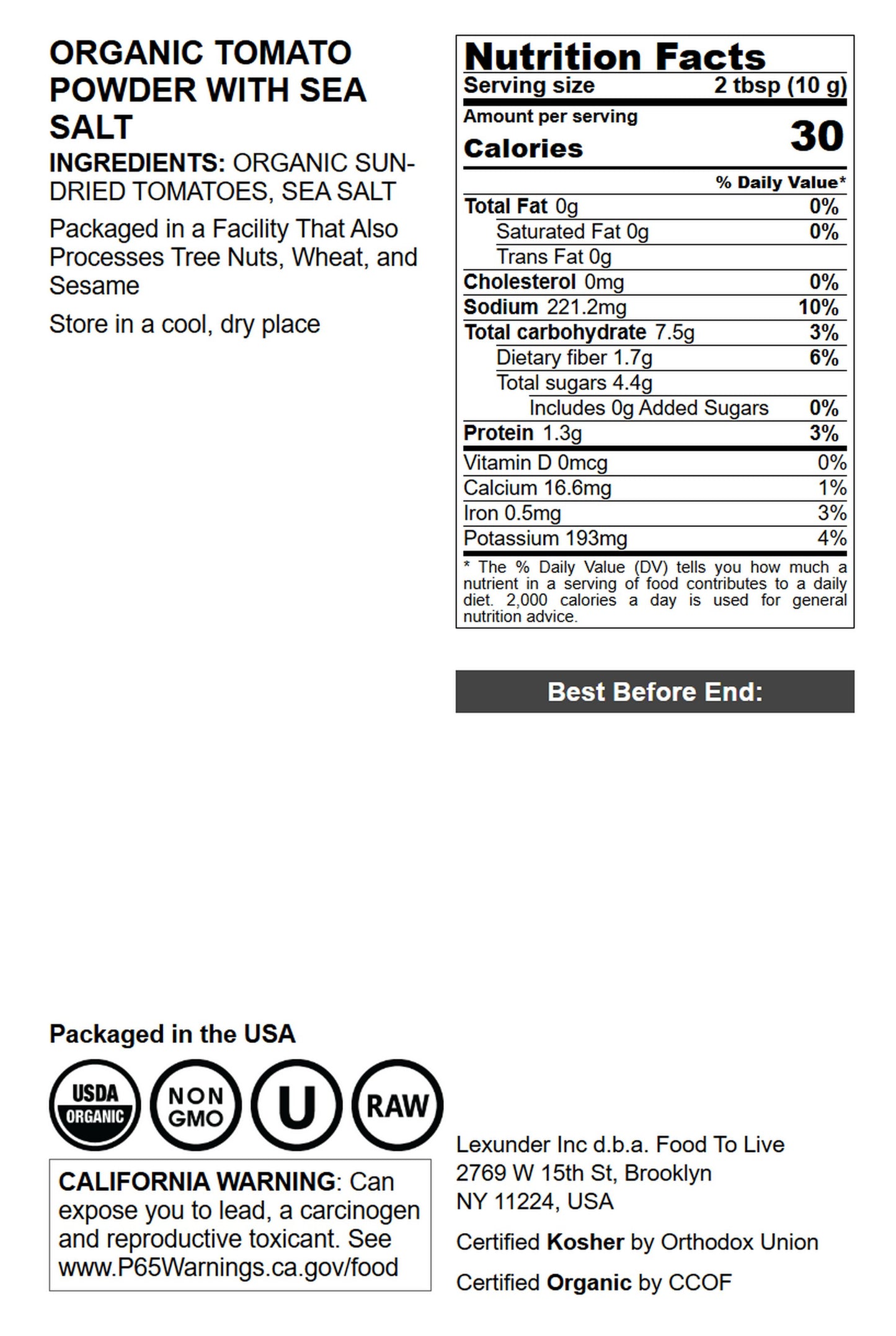Organic Tomato Powder with Sea Salt  - by Food to Live