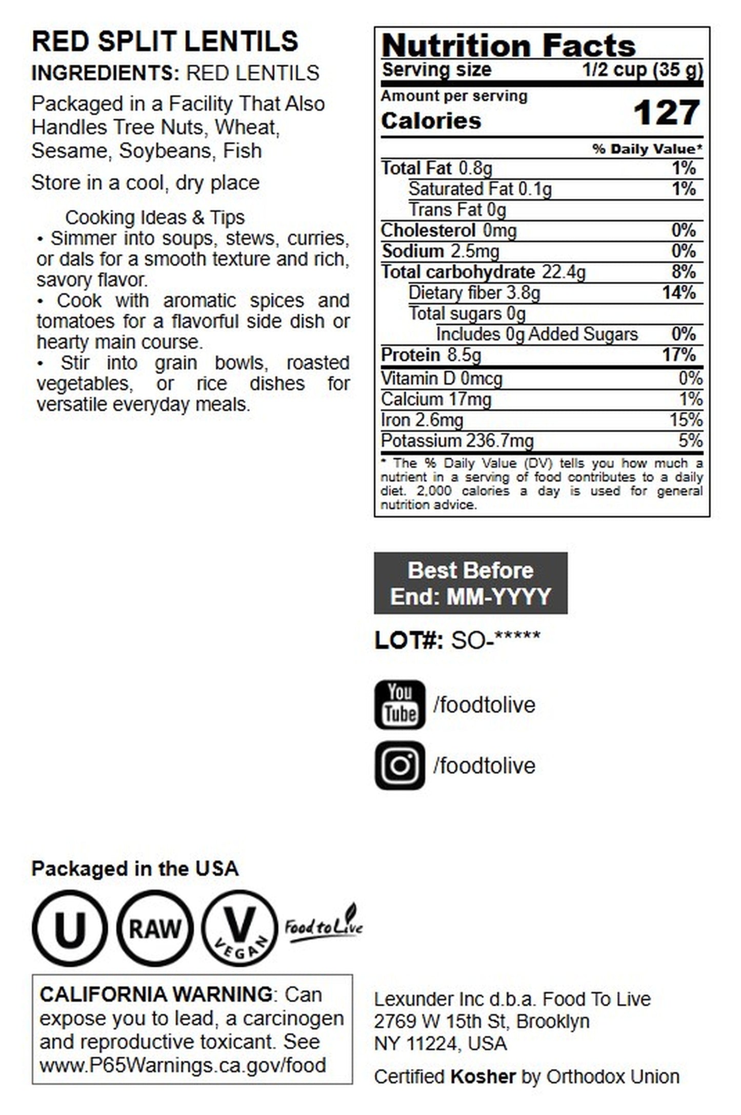 Red Split Lentils - by Food To Live