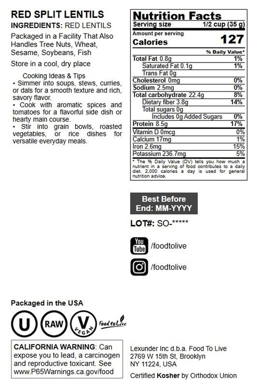 Red Split Lentils - by Food To Live