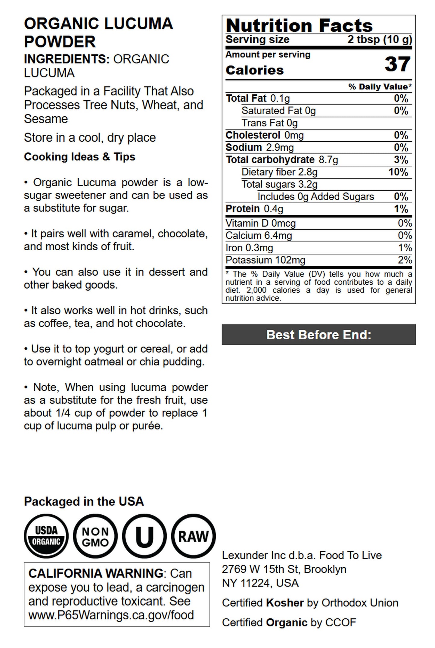 Organic Lucuma Powder - by Food To Live