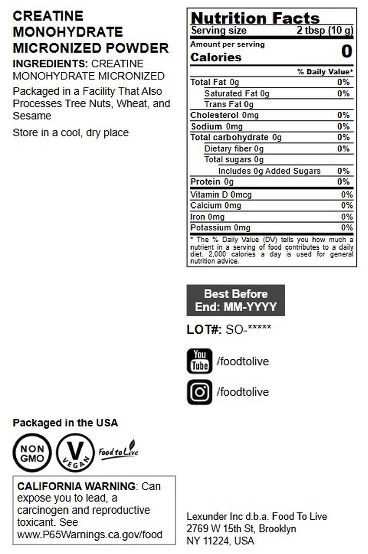 Creatine Monohydrate Micronized Powder - by Food to Live