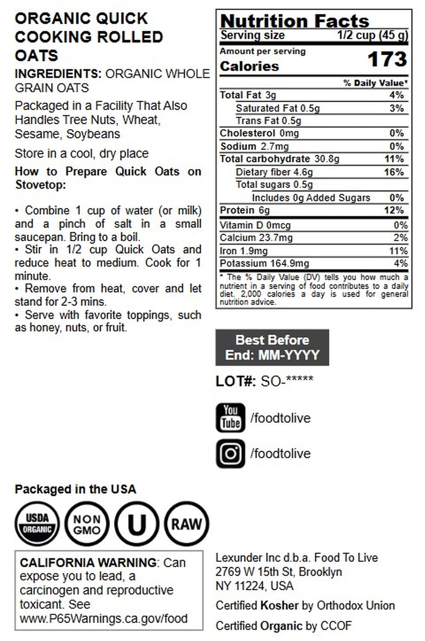 Organic Quick Cooking Rolled Oats - by Food To Live