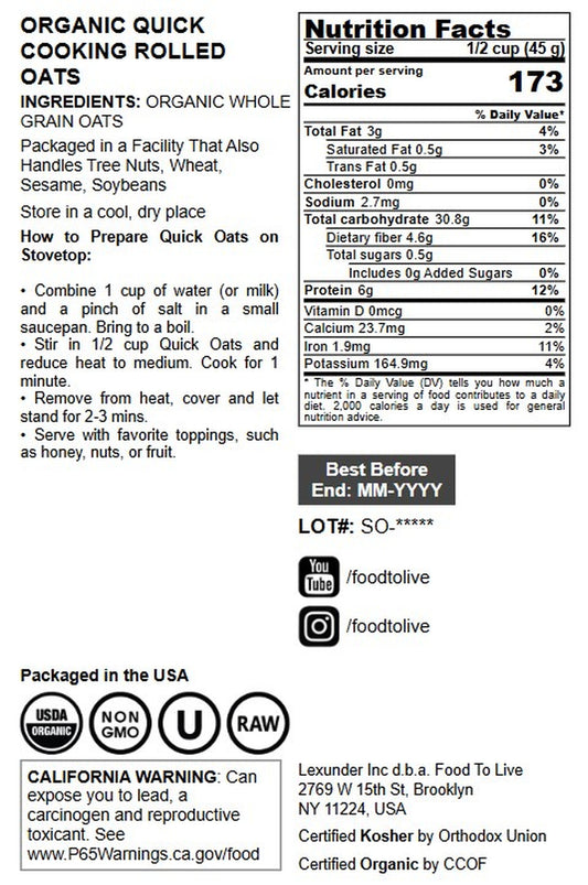 Organic Quick Cooking Rolled Oats - by Food To Live