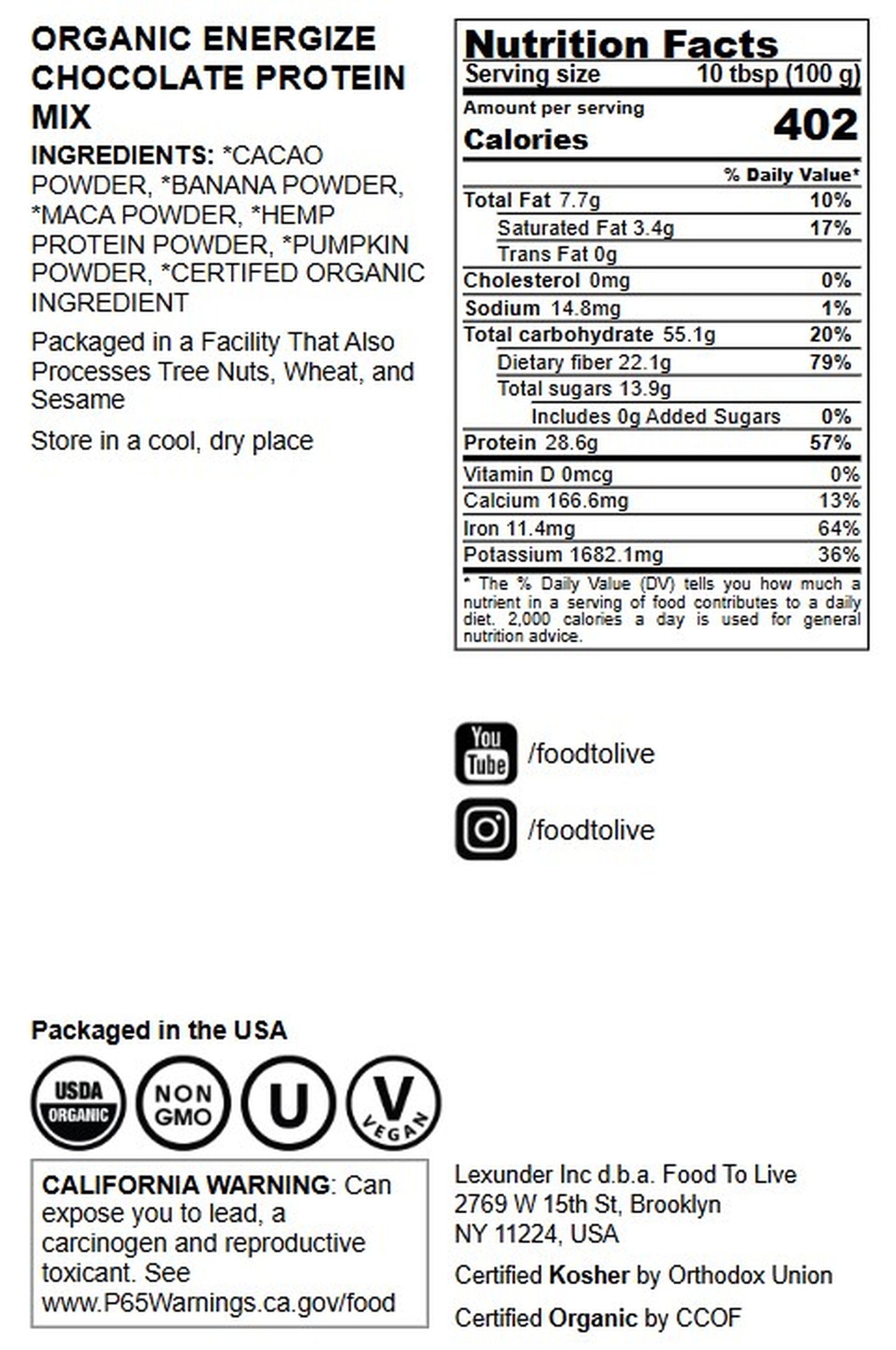 Organic Energize Chocolate Protein Mix - by Food to Live