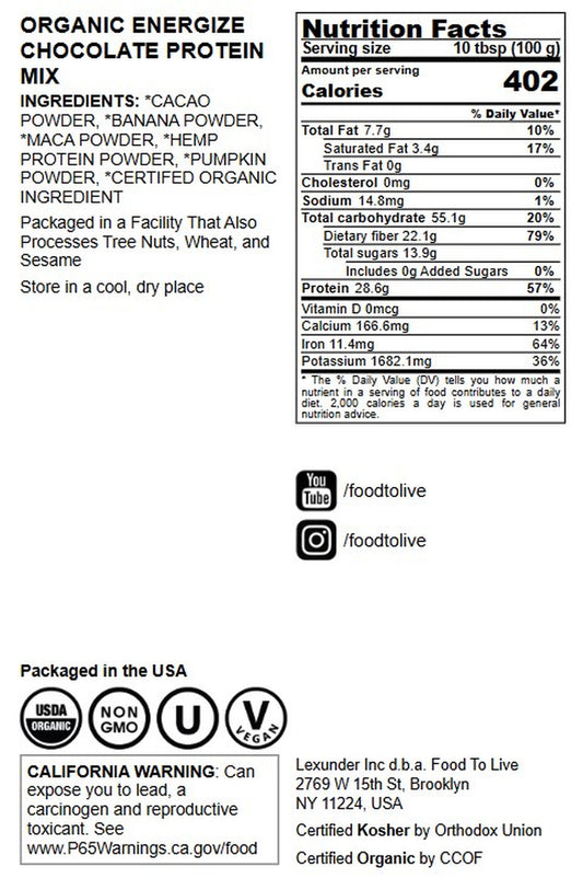 Organic Energize Chocolate Protein Mix - by Food to Live