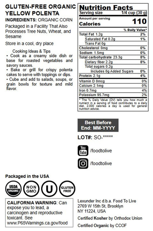 Gluten-Free Organic Yellow Polenta - by Food To Live