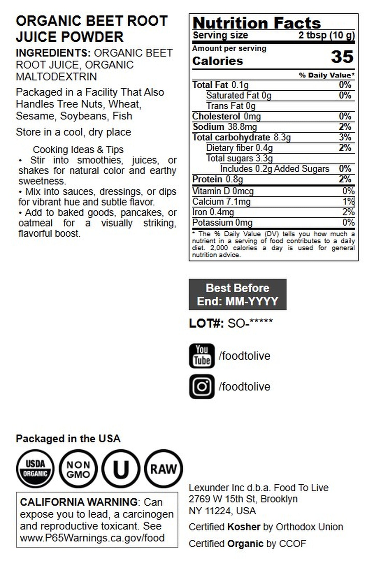 Organic Beet Root Juice Powder- by Food To Live
