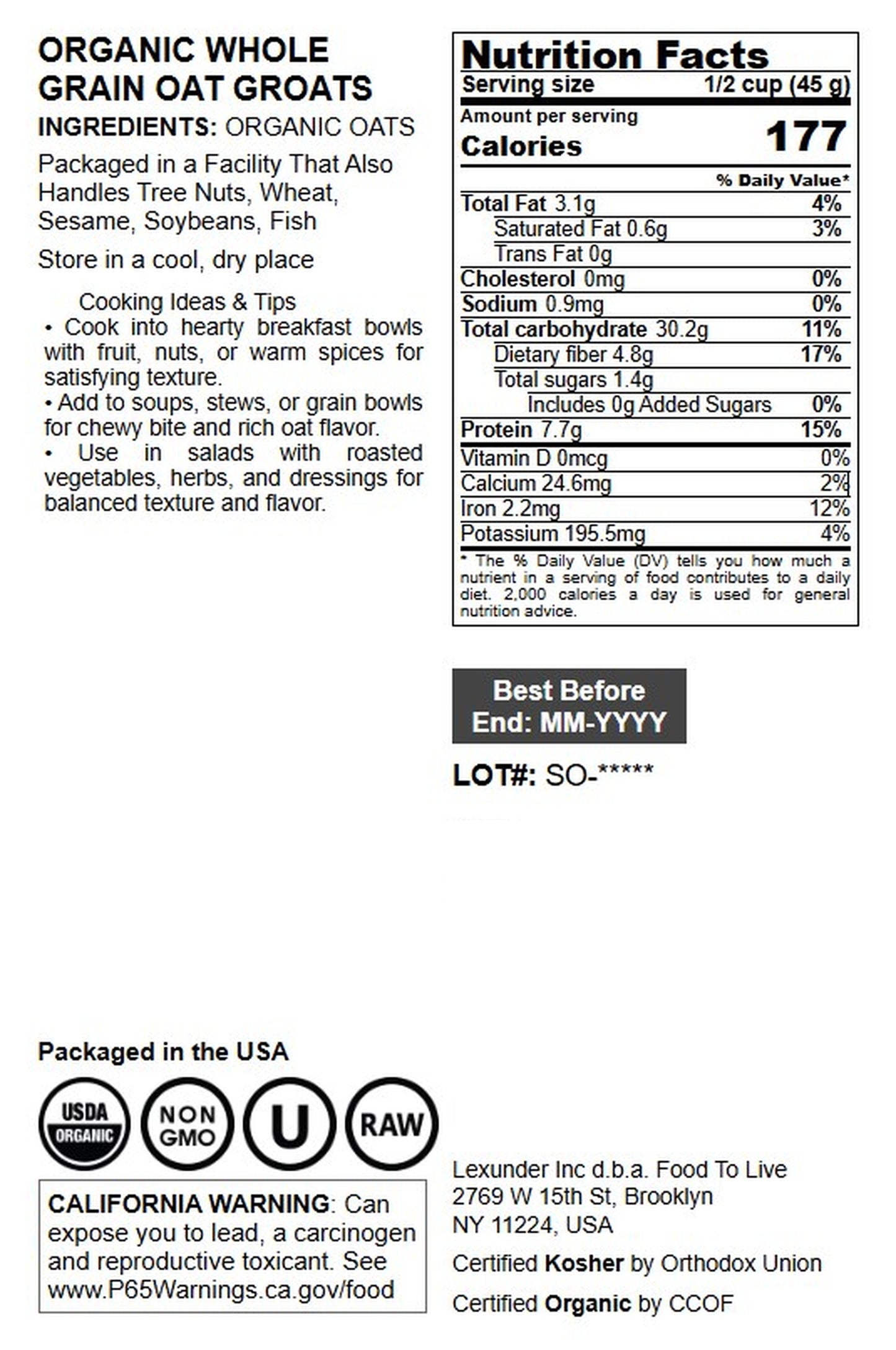 Organic Whole Grain Oat Groats - by Food To Live