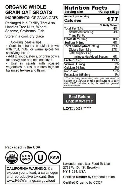 Organic Whole Grain Oat Groats - by Food To Live