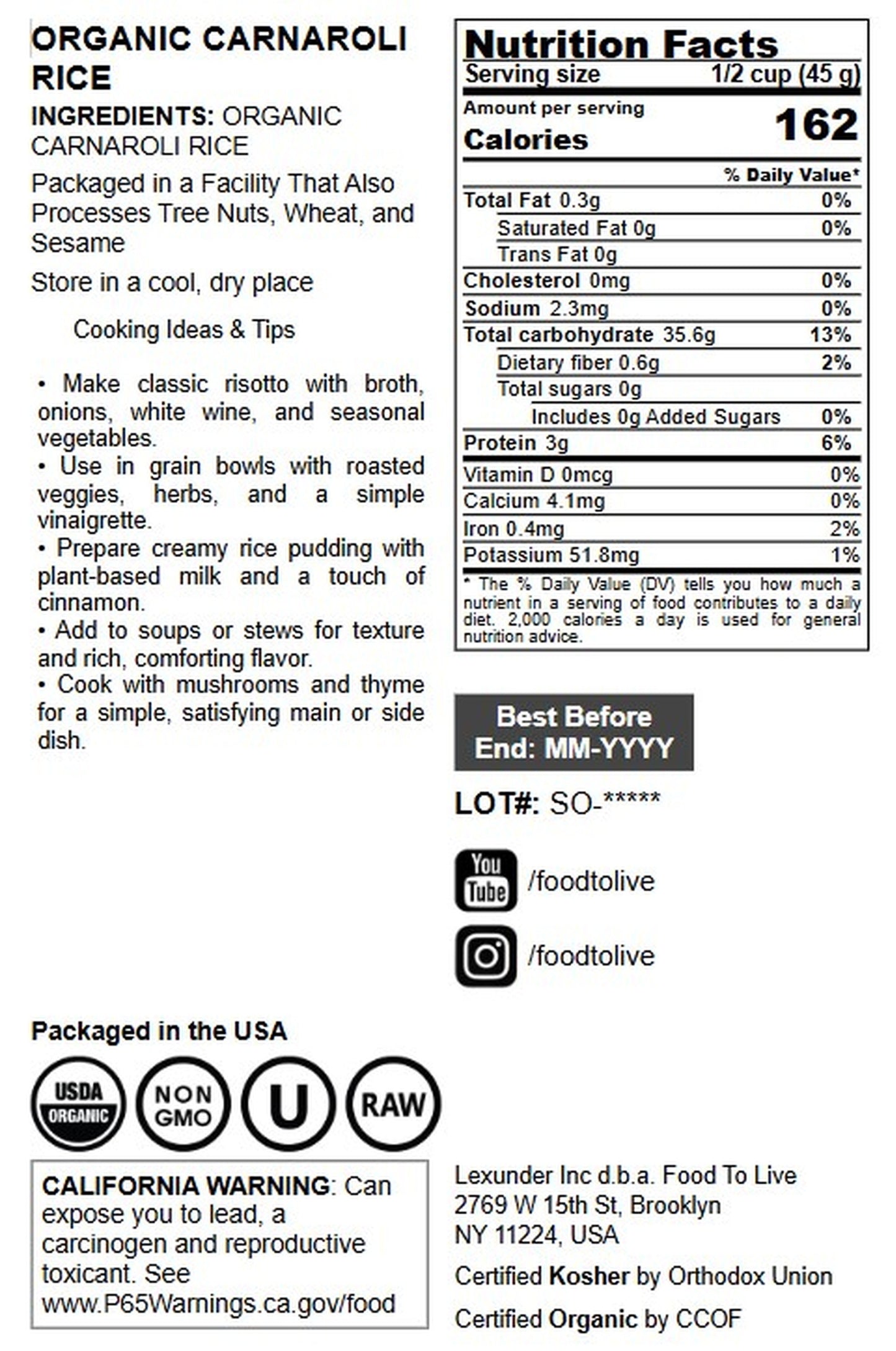 Organic Carnaroli Rice - by Food to Live