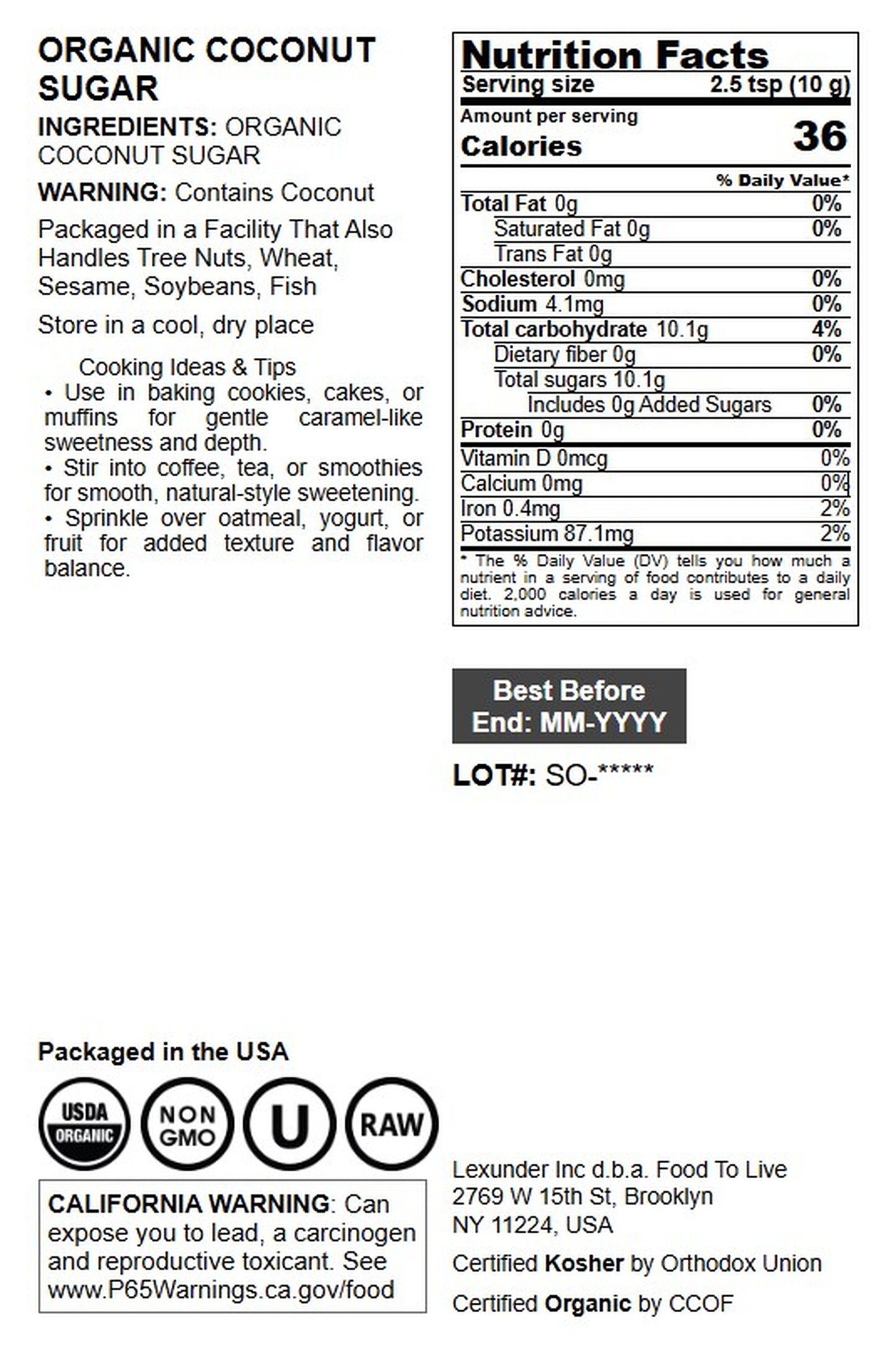 Organic Coconut Sugar - by Food To Live