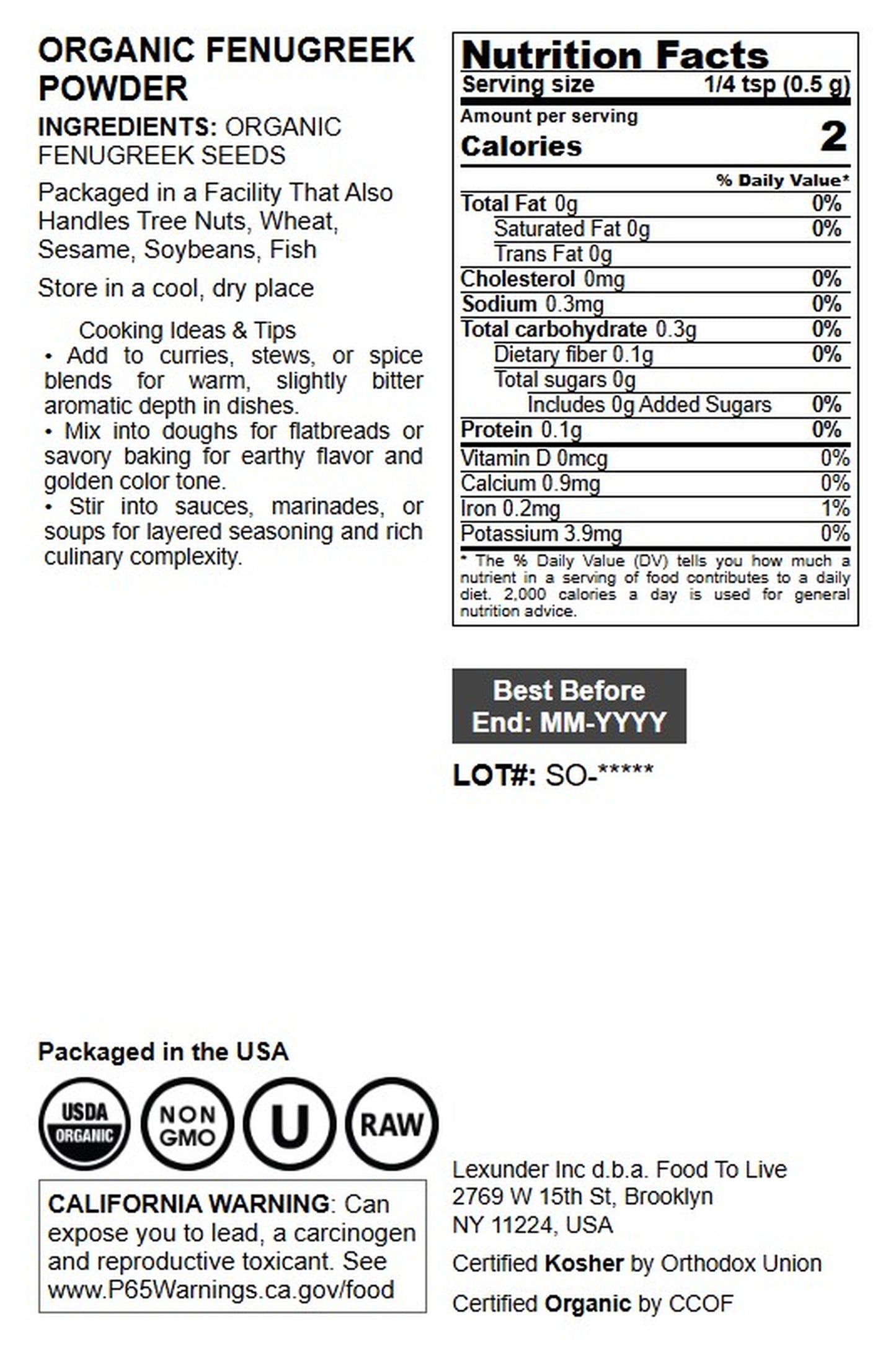 Organic Fenugreek Powder - by Food To Live