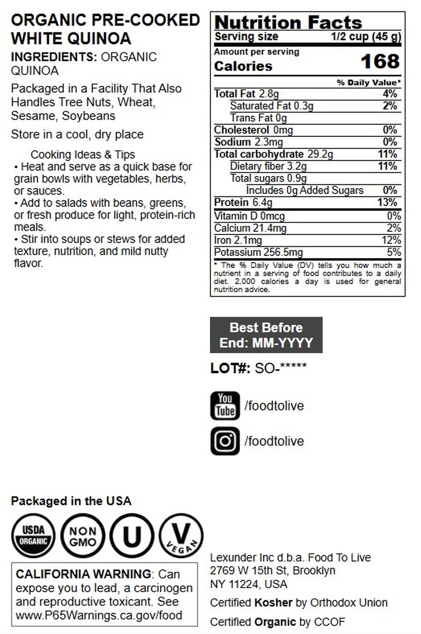 Organic Pre-Cooked White Quinoa - by Food To Live