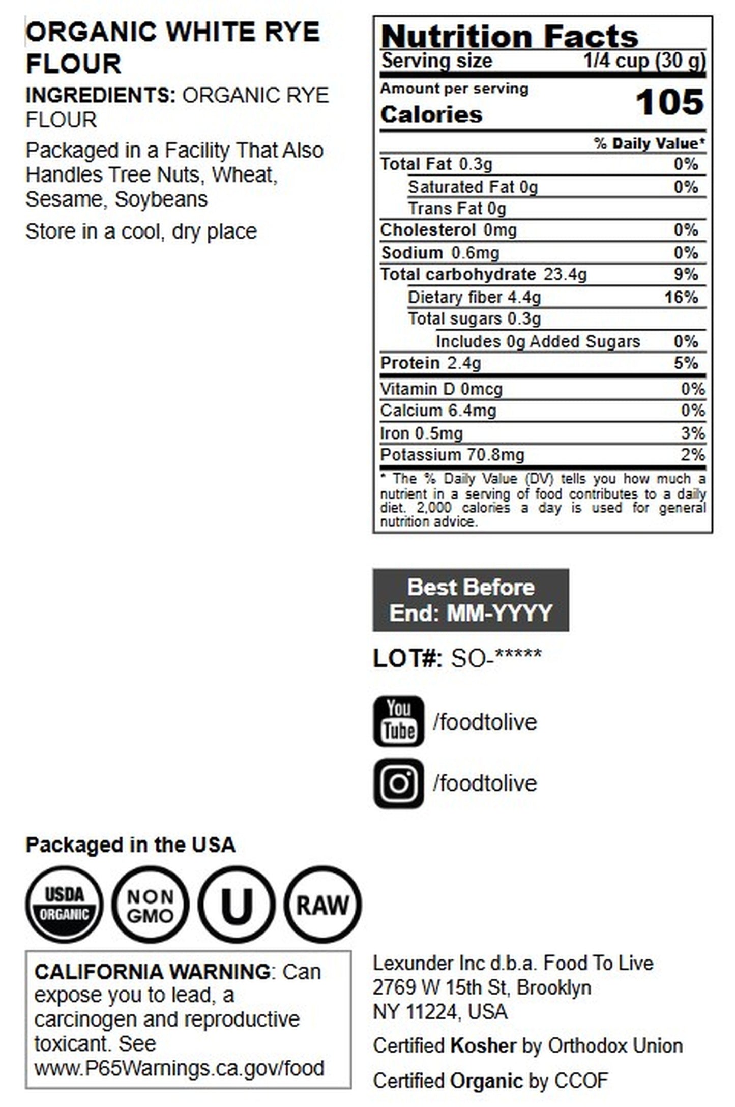 Organic White Rye Flour - by Food To Live