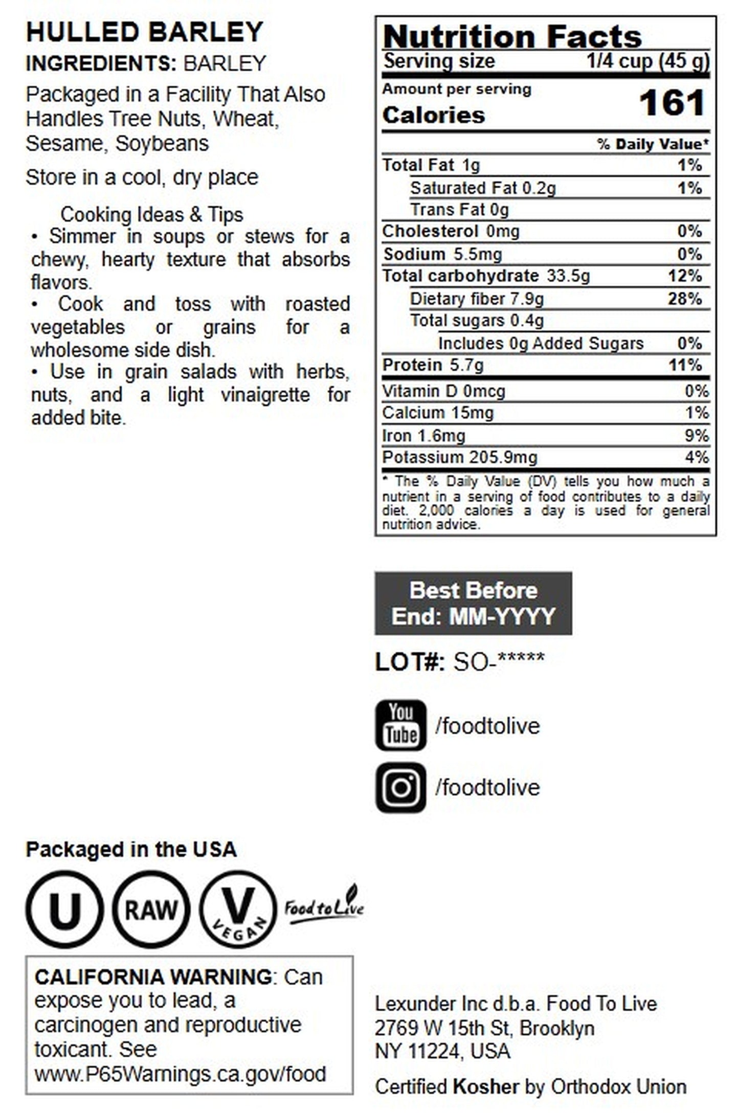 Hulled Barley Grain - by Food To Live
