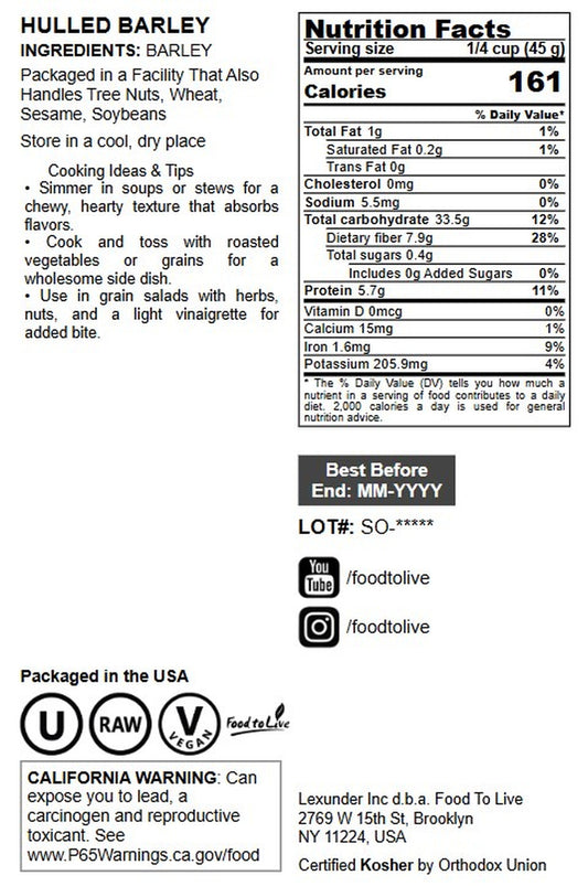 Hulled Barley Grain - by Food To Live
