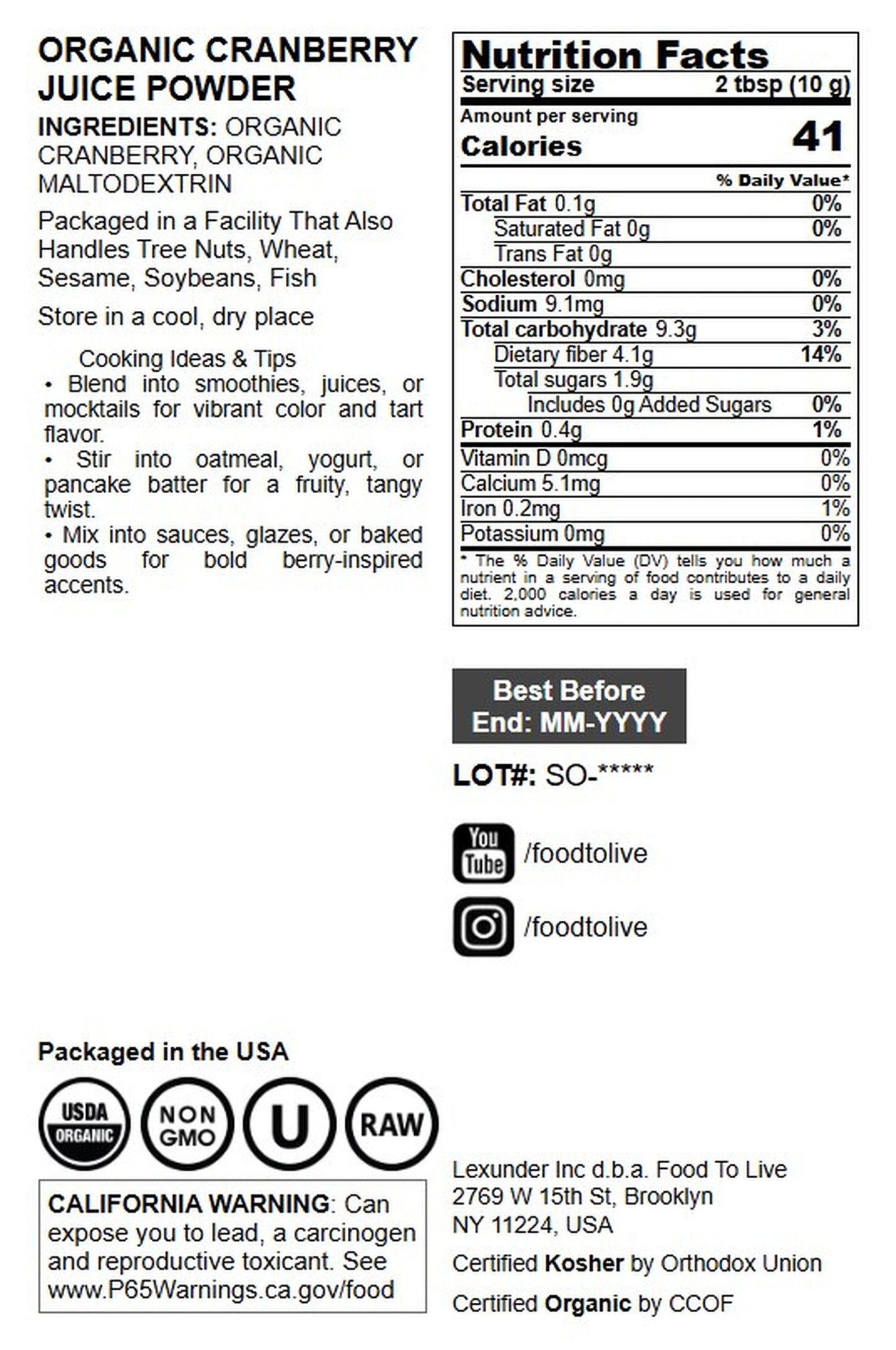 Organic Cranberry Powder - by Food To Live