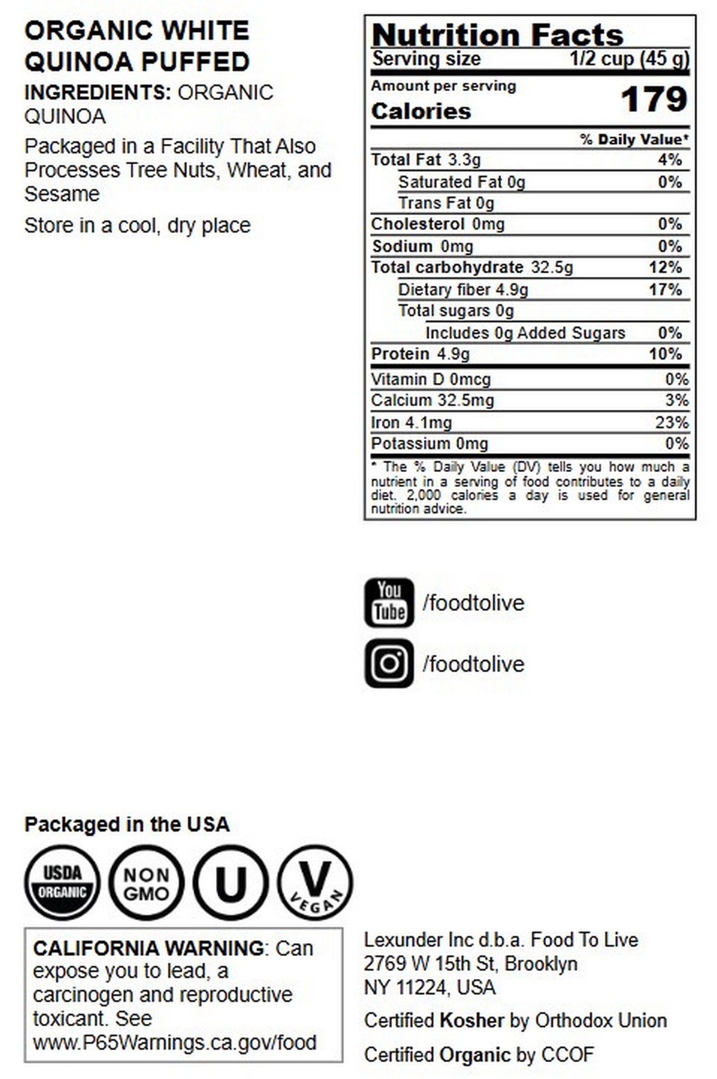 Organic Puffed Quinoa - by Food To Live