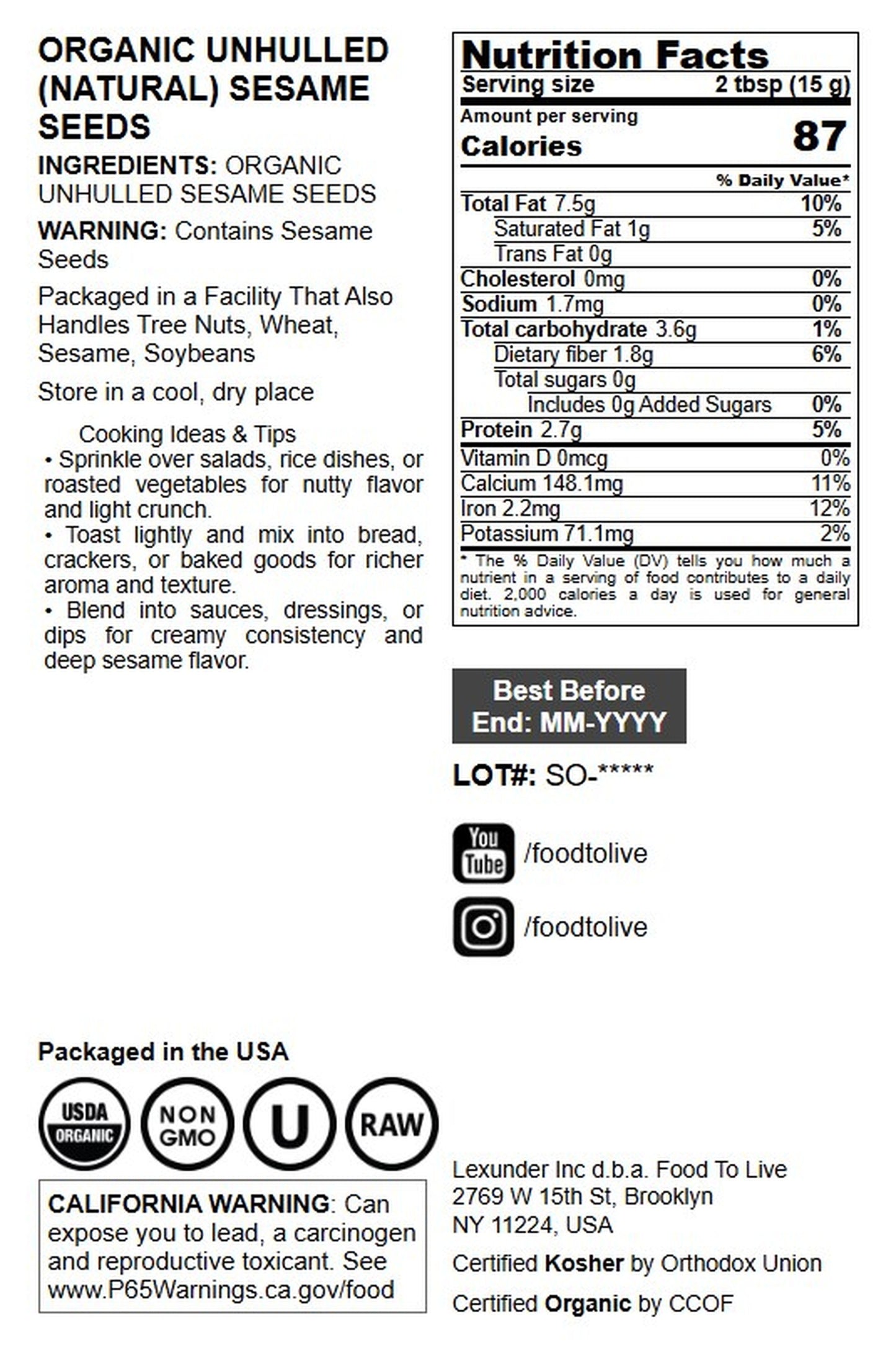 Organic Unhulled Sesame Seeds - by Food To Live