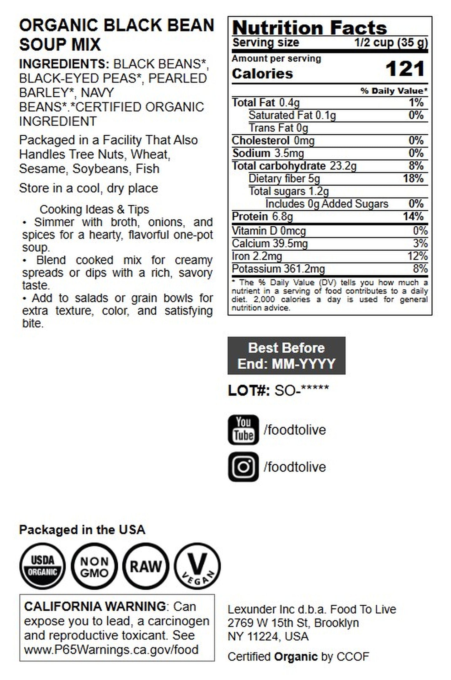 Organic Black Bean Soup Mix - by Food To Live