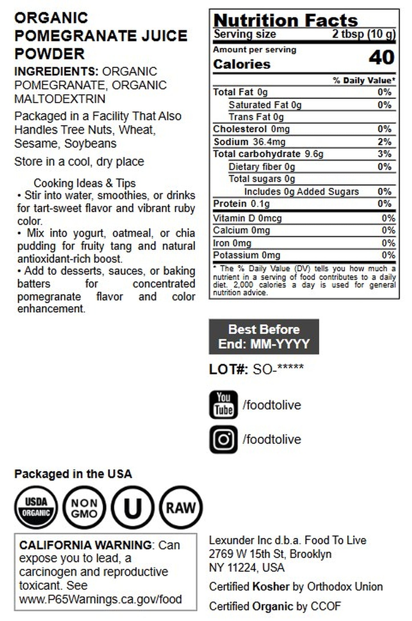 Organic Pomegranate Powder - by Food To Live
