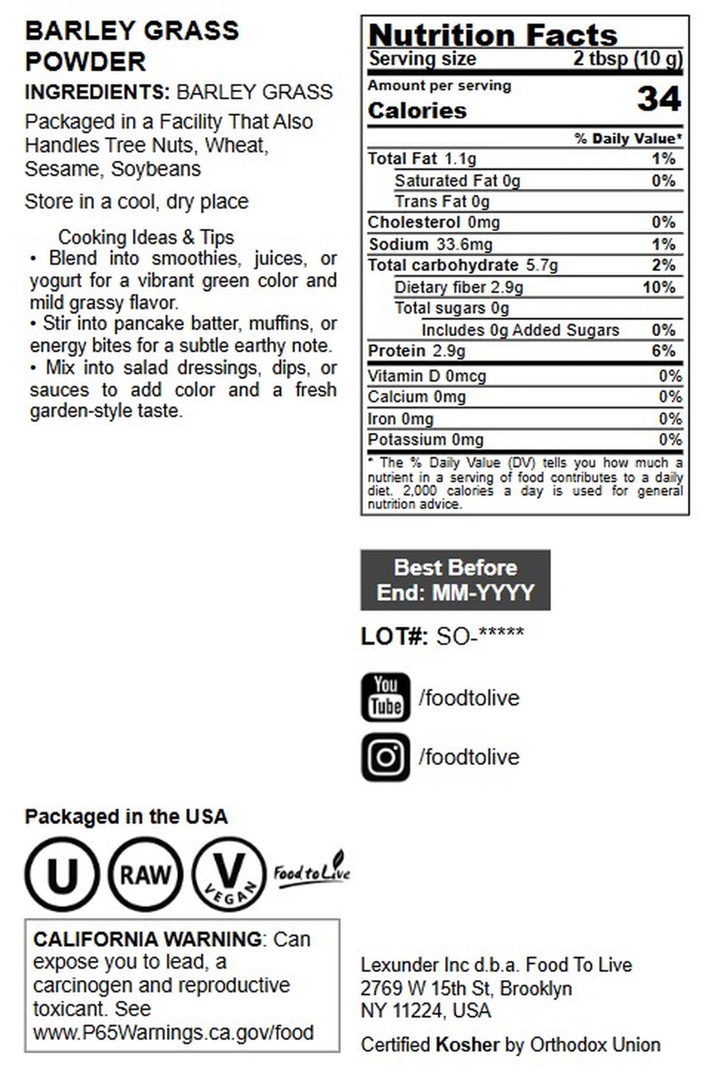 Barley Grass Powder - by Food To Live