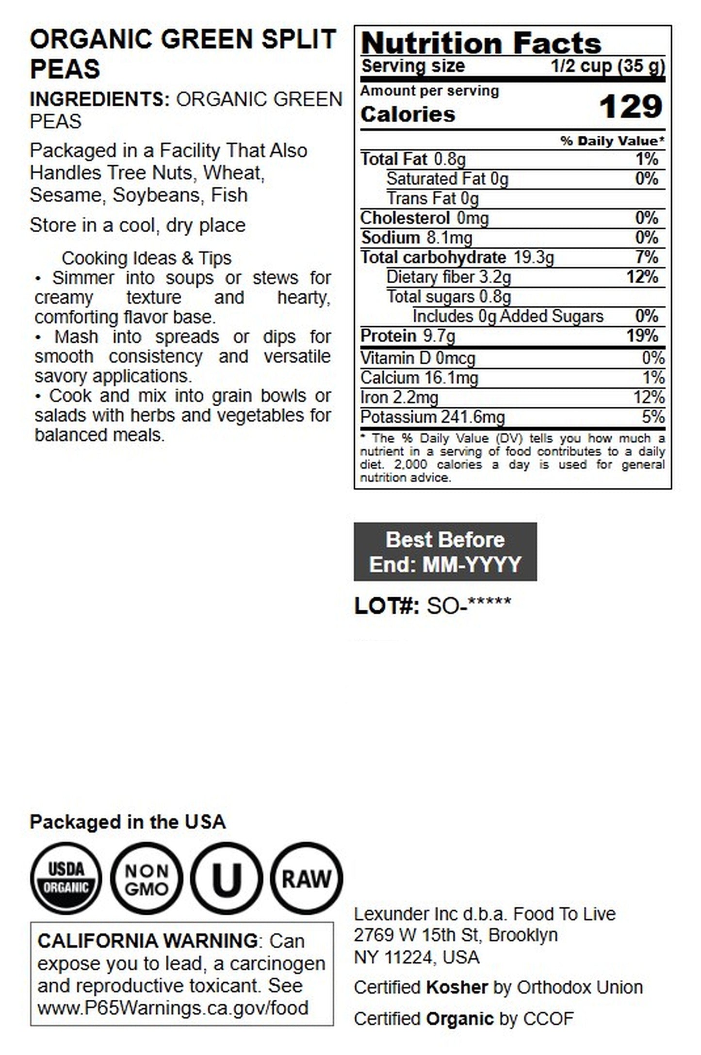 Organic Green Split Peas - by Food To Live