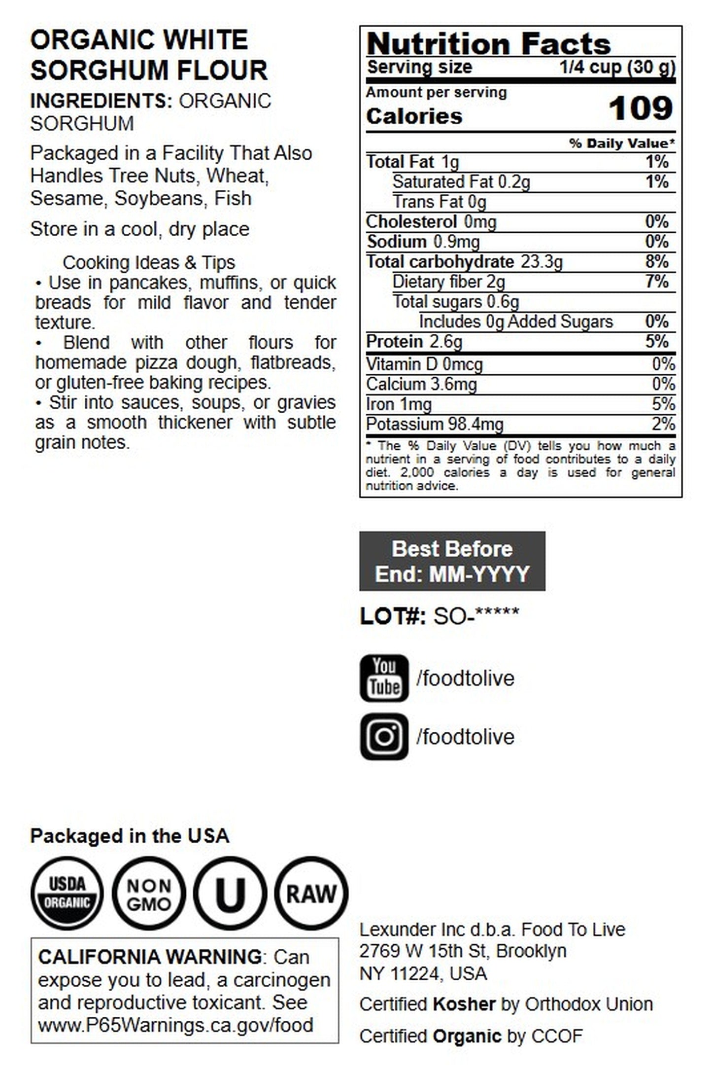 Organic White Sorghum Flour - by Food To Live