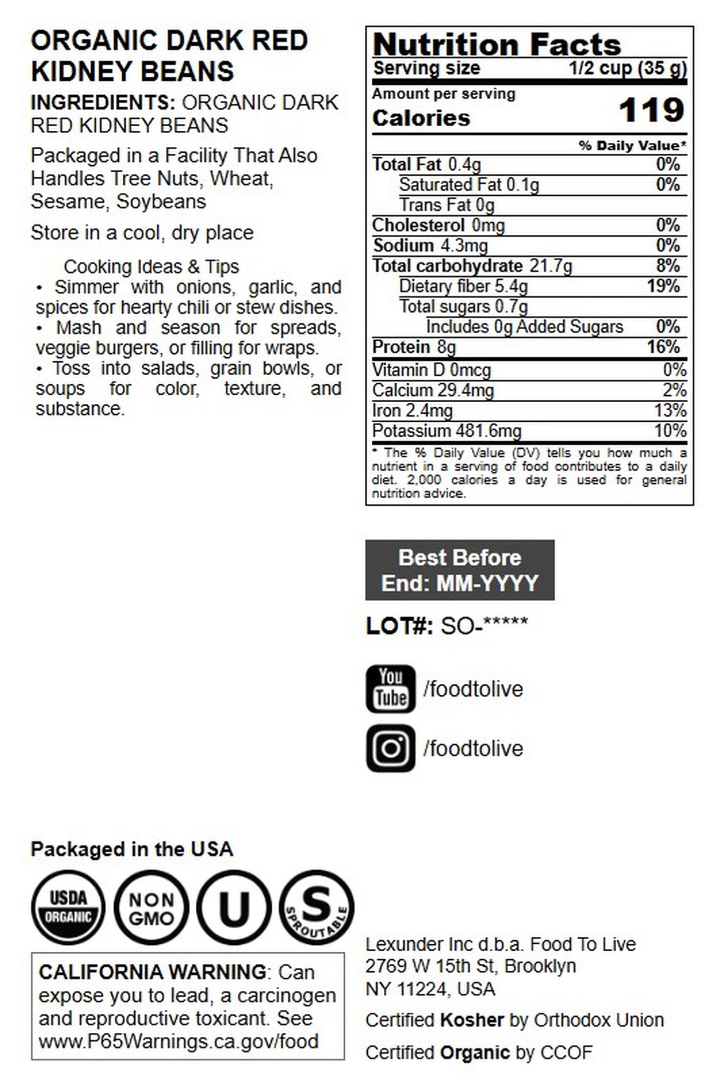 Organic Dark Red Kidney Beans - by Food To Live