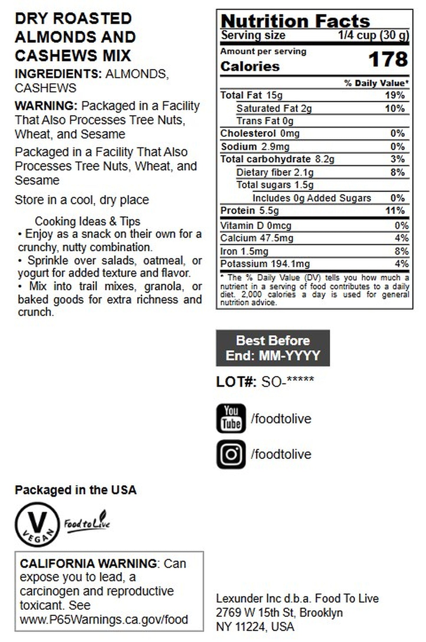Dry Roasted Almonds and Cashews Mix - by Food To Live