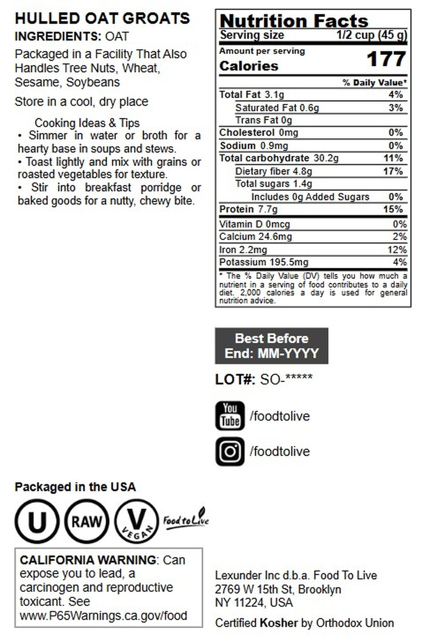 Whole Grain Oat Groats - by Food To Live