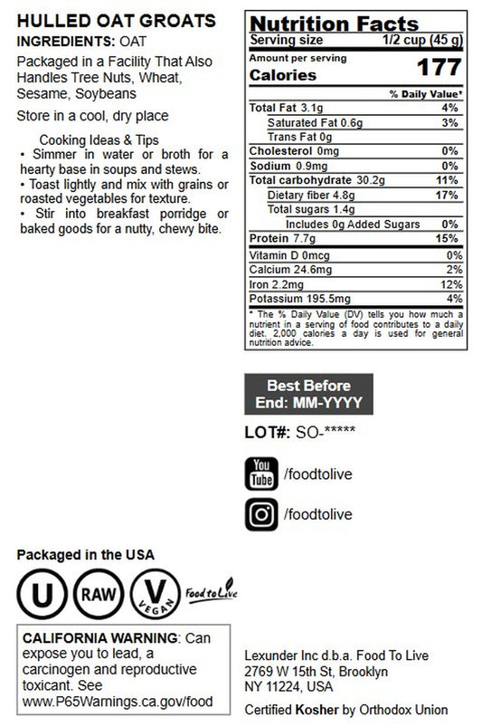 Whole Grain Oat Groats - by Food To Live