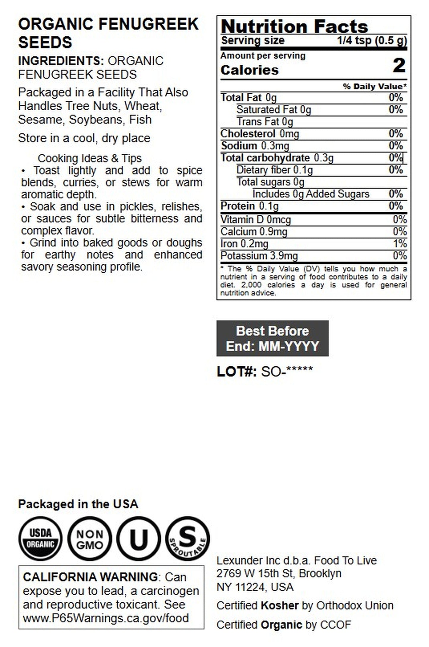 Fenugreek Seeds - by Food To Live