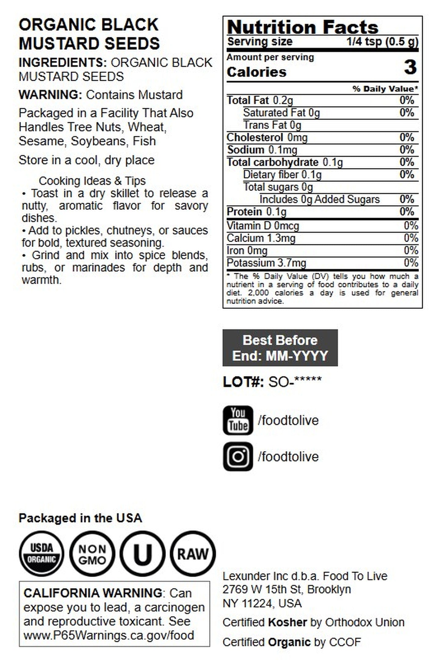 Organic Black Mustard Seeds - by Food To Live