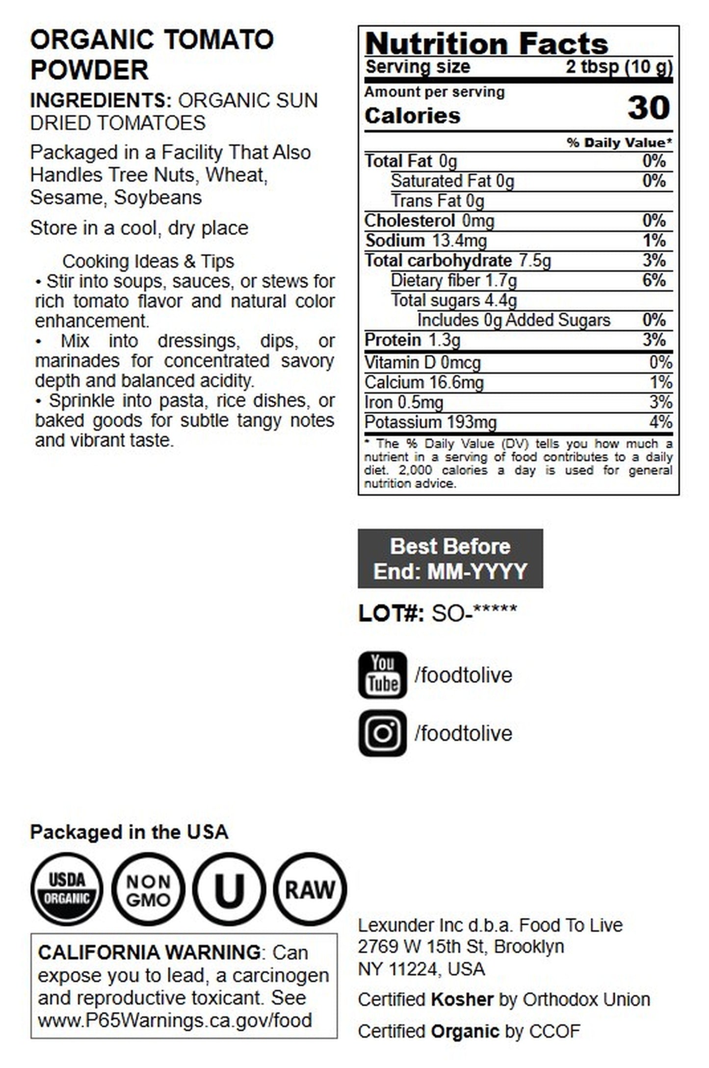 Organic Tomato Powder - by Food to Live